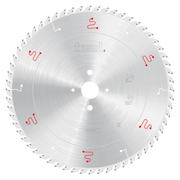 Silver circular saw blade with Freud branding, multiple tooth edges, central mounting hole, and red markings around the perim