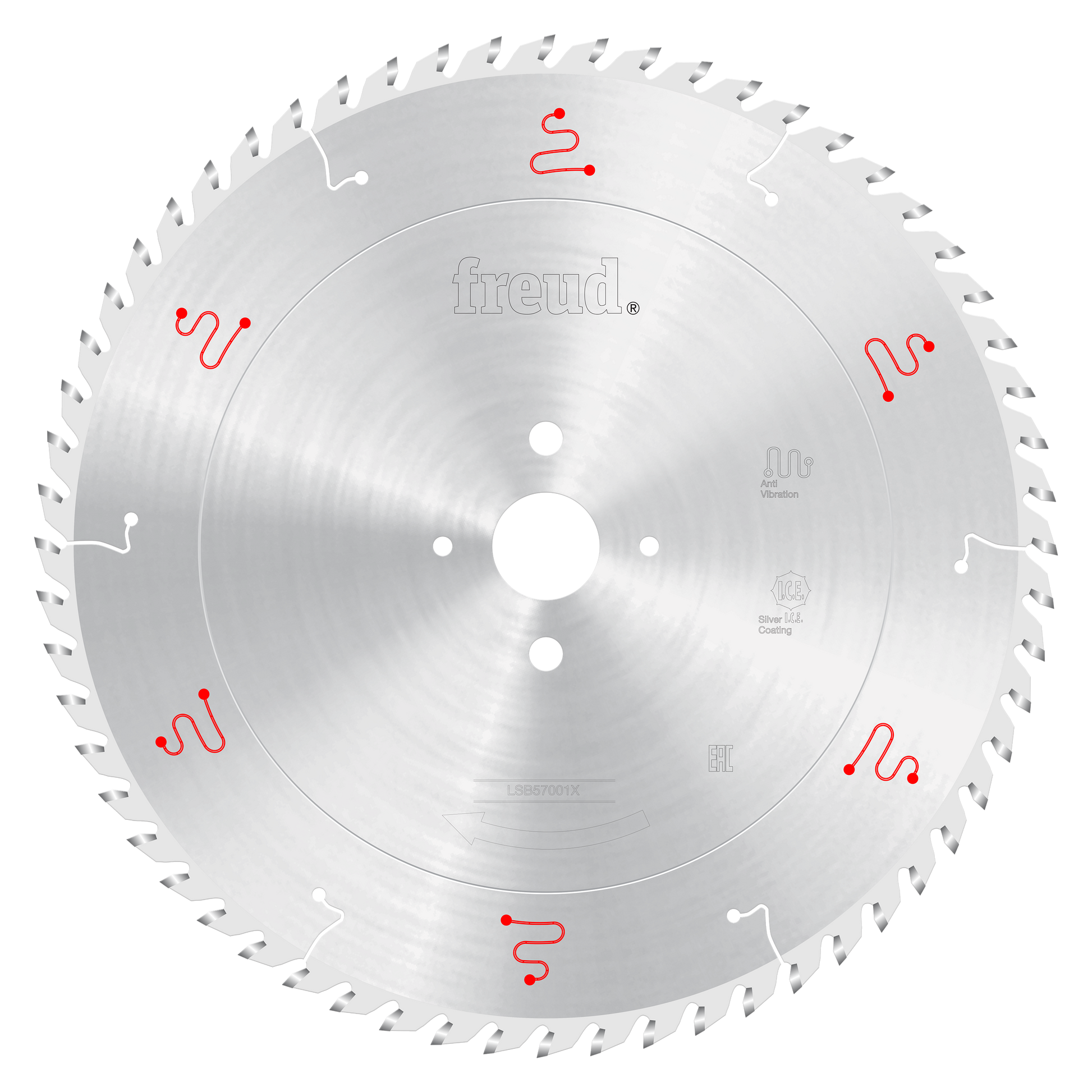 Silver circular saw blade with Freud branding, multiple tooth edges, central mounting hole, and red markings around the perim