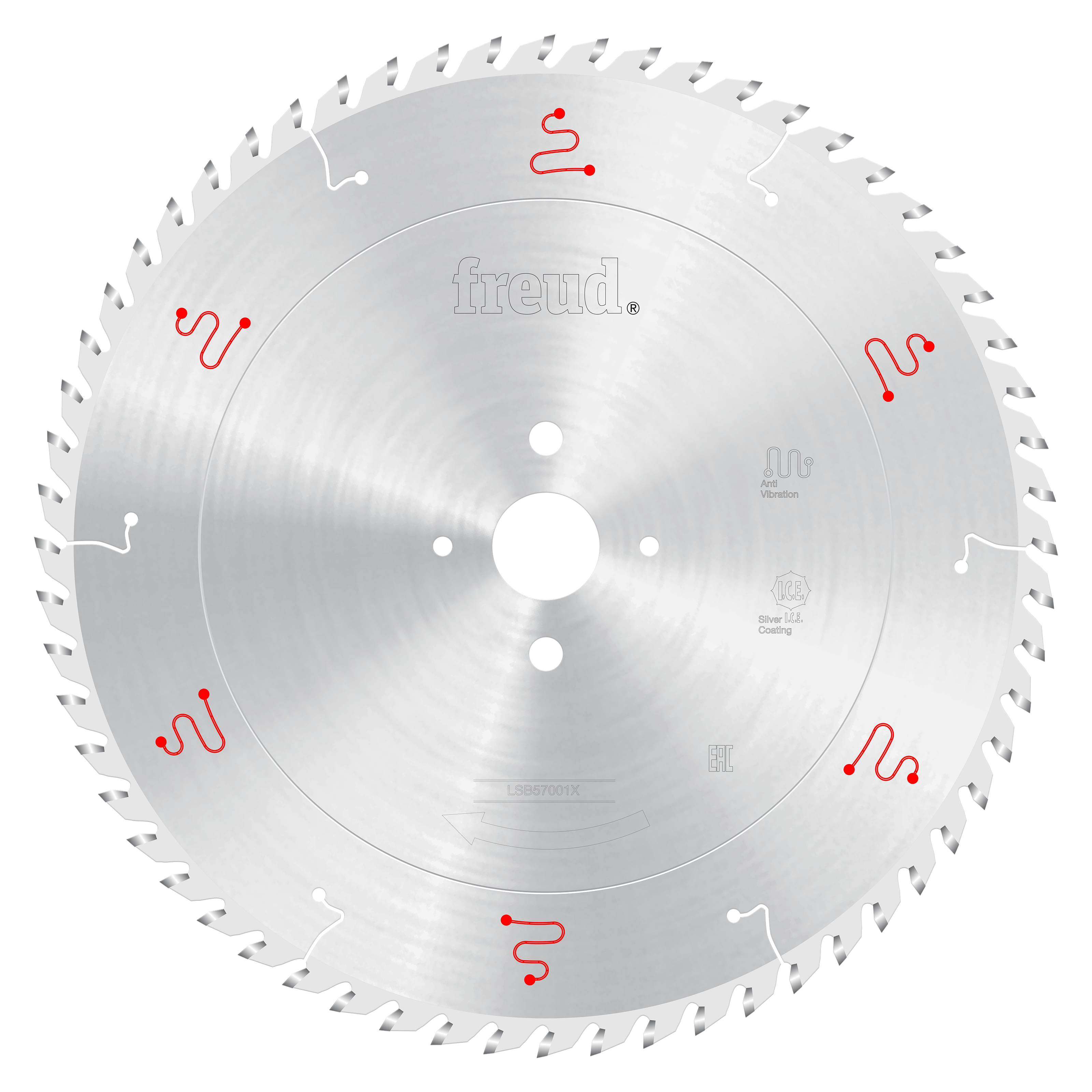Silver circular saw blade with Freud branding, multiple tooth edges, central mounting hole, and red markings around the perim