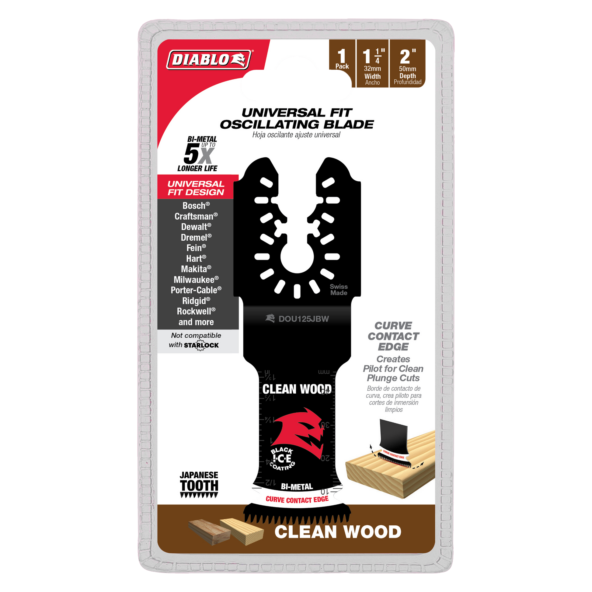 Diablo bi-metal oscillating blade with curved contact edge and Japanese teeth, 1-1/4 inch width for universal fit multi-tool.