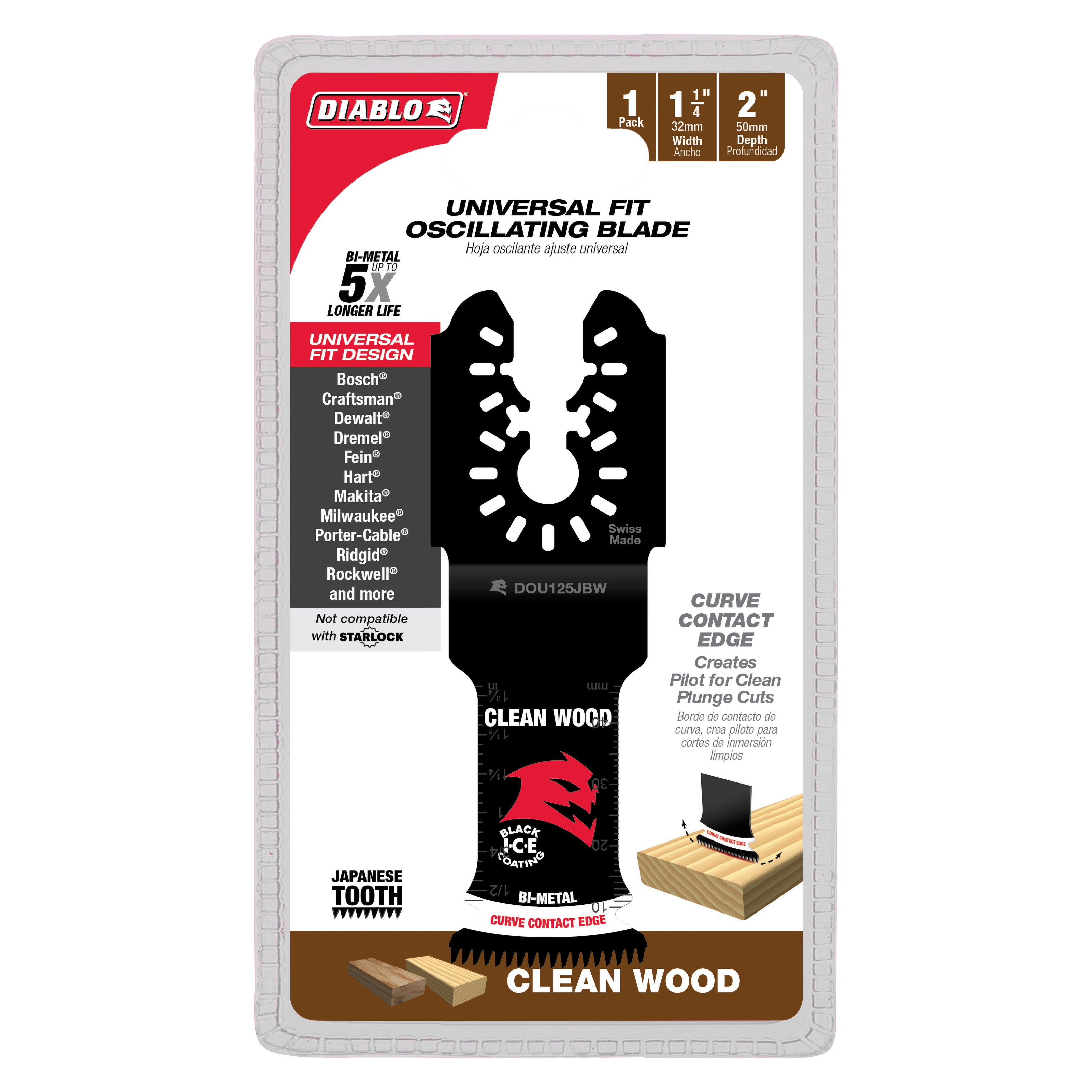 Diablo bi-metal oscillating blade with curved contact edge and Japanese teeth, 1-1/4 inch width for universal fit multi-tool.