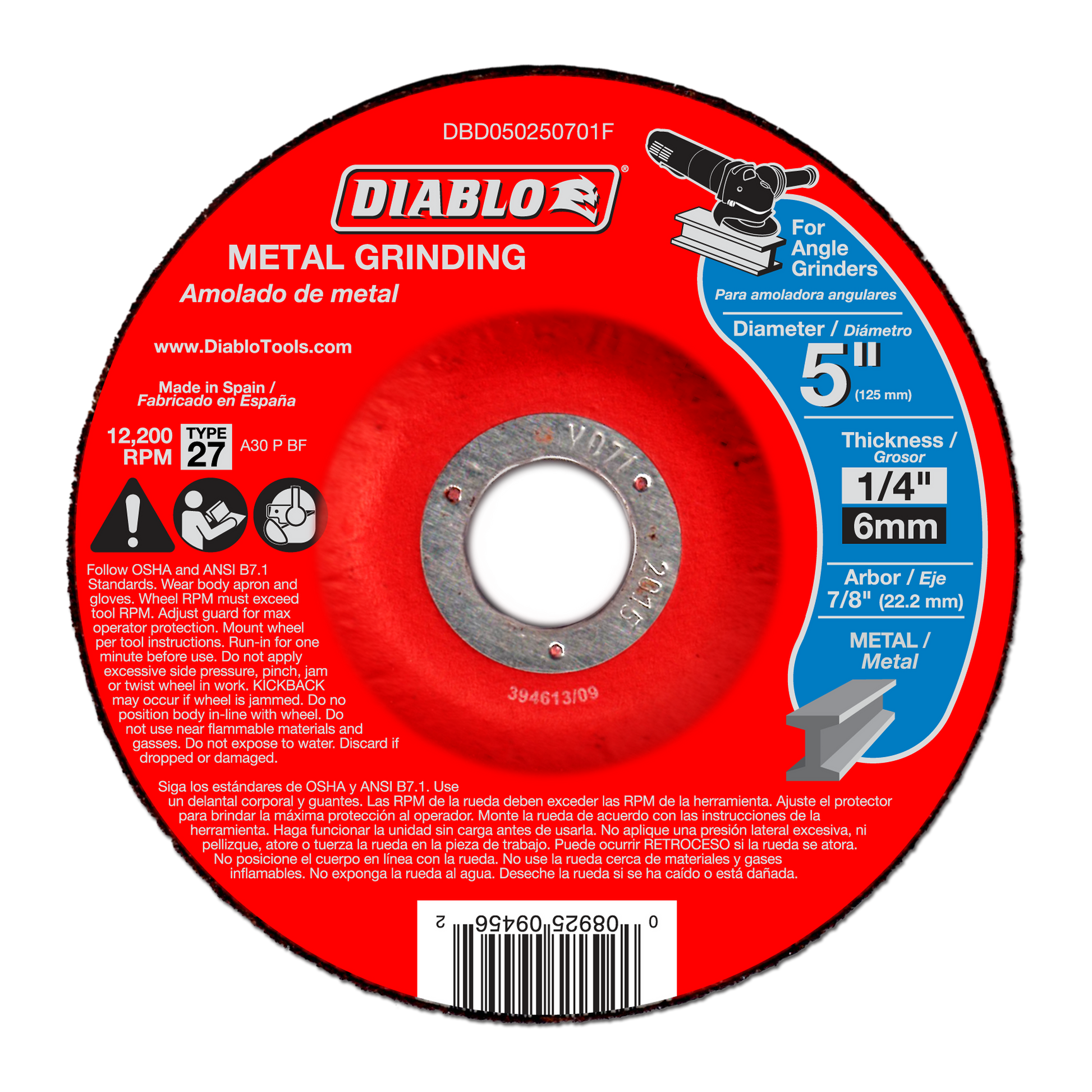 Red metal grinding disc with white center arbor hole and product specifications printed on surface.