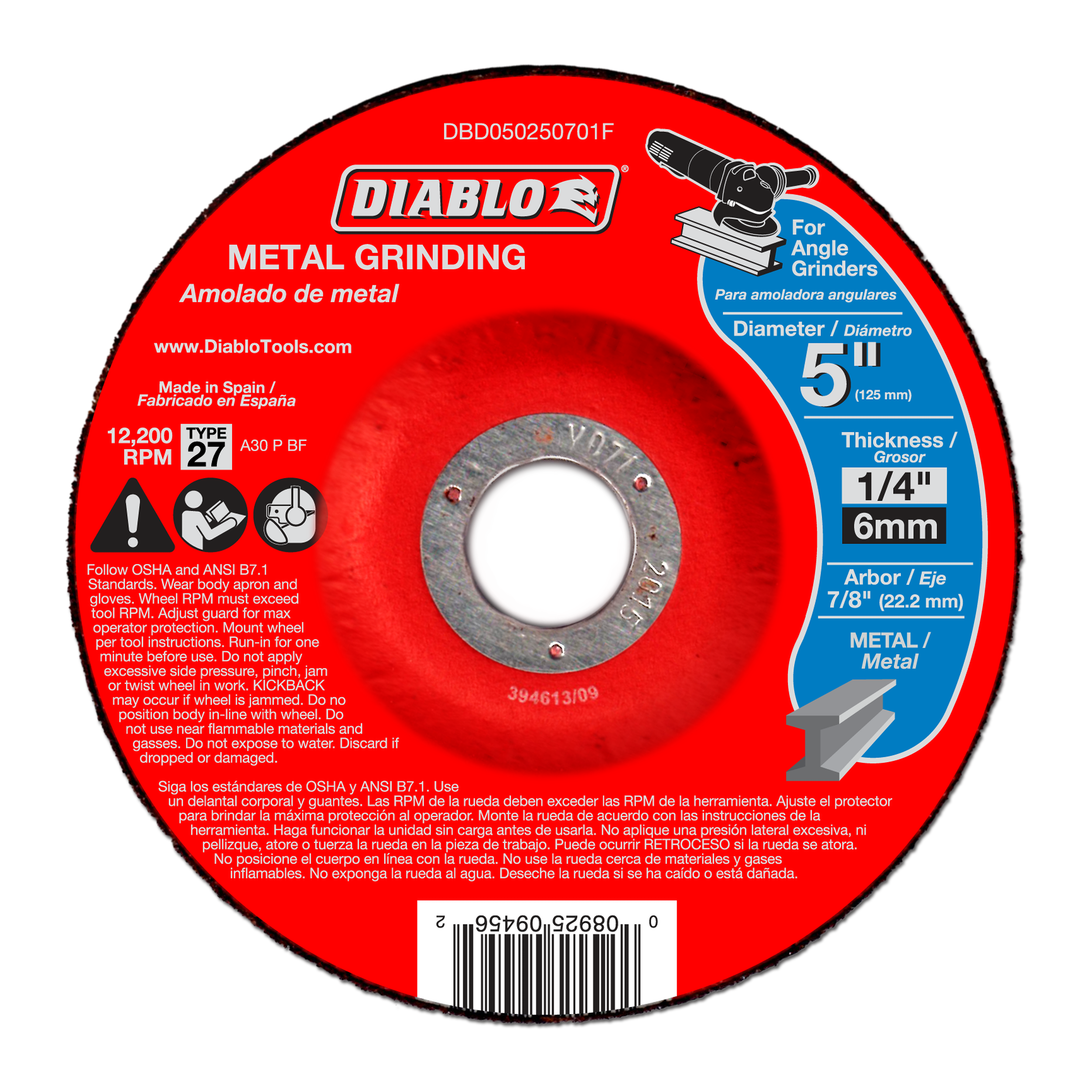 Red metal grinding disc with white center arbor hole and product specifications printed on surface.