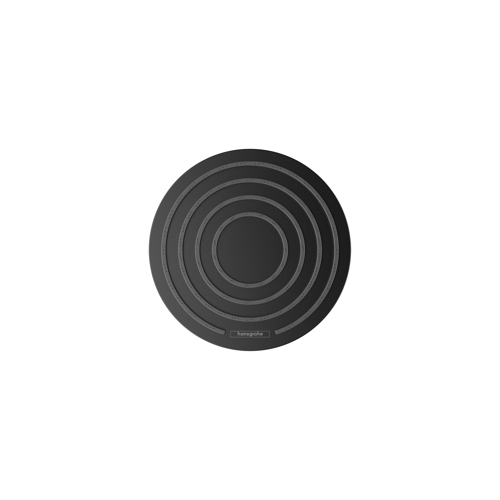 Matte black circular shower head with concentric ring pattern and center jet opening.