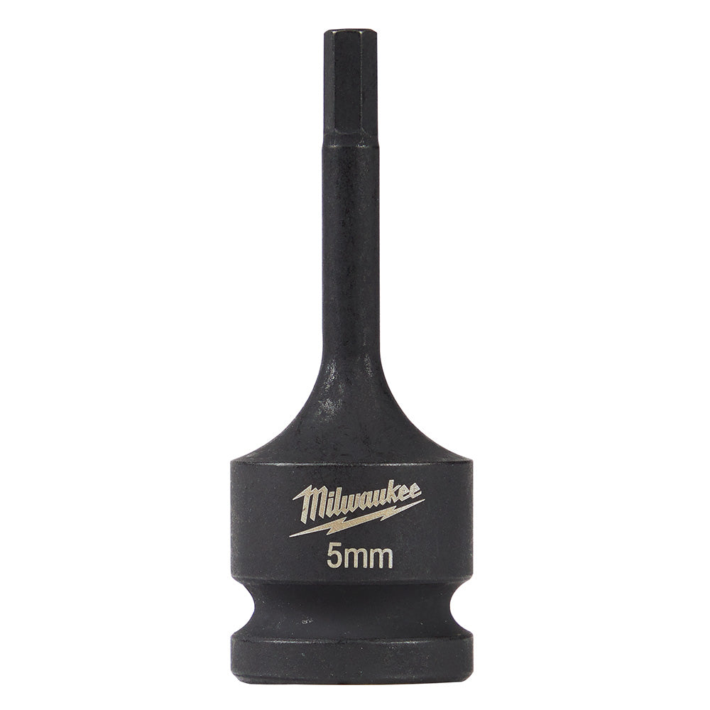 Milwaukee Shockwave 5mm hex bit socket with 1/2 inch drive and extended shaft on white background.