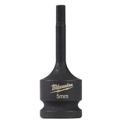 Milwaukee Shockwave 5mm hex bit socket with 1/2 inch drive and extended shaft on white background.