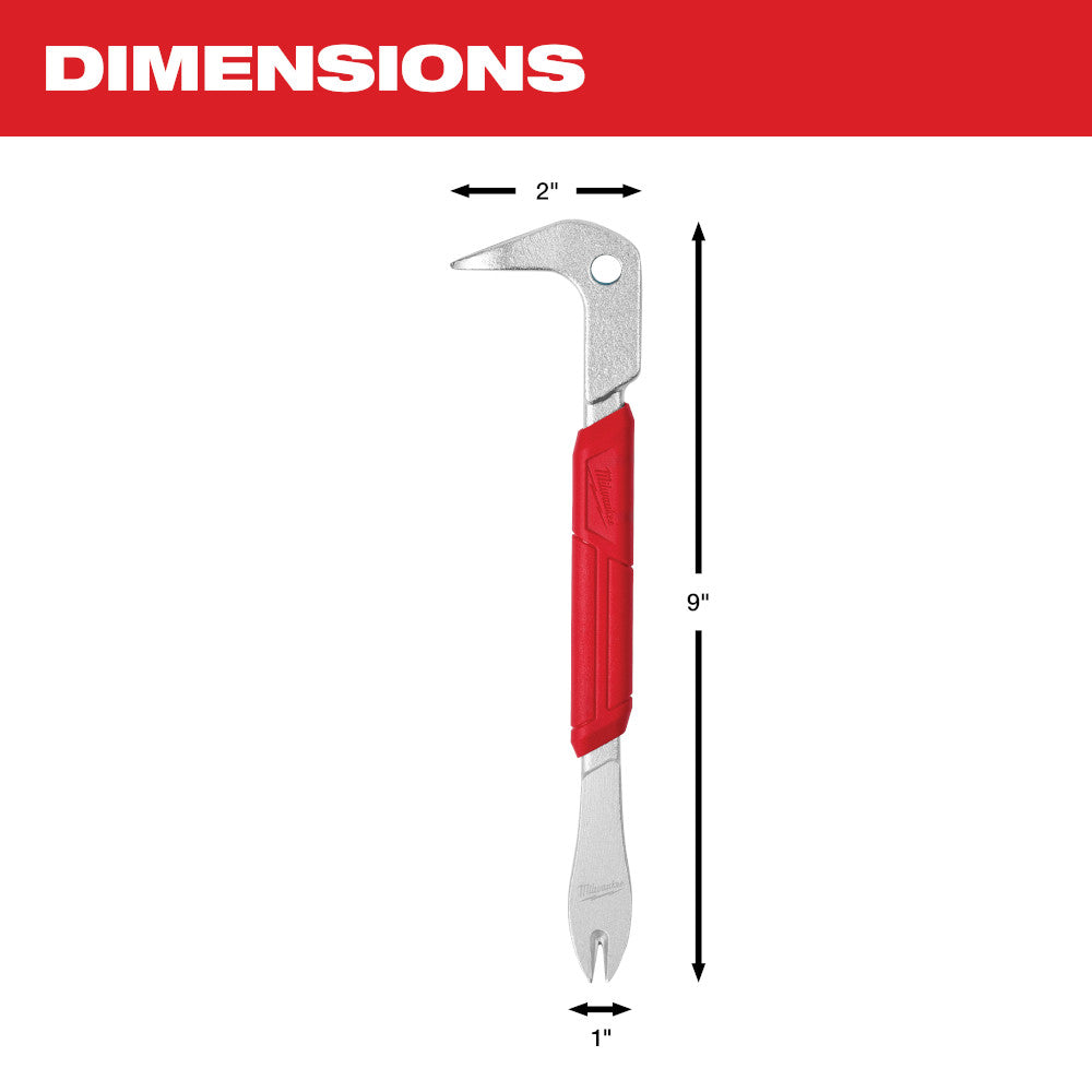 9-inch nail puller with metal claw head, red grip handle, and flat pry end with dimension measurements.