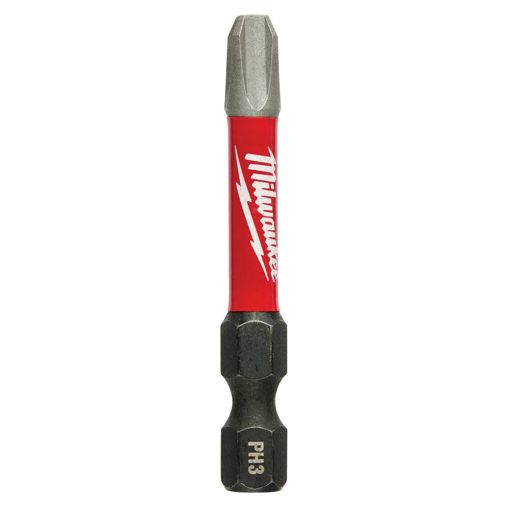 Milwaukee Shockwave Phillips #3 power bit with red sleeve and black hex end, 2 inches long.