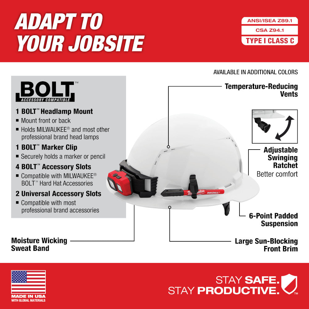 Milwaukee 48-73-1233 Orange Full Brim Vented Hard Hat w/6pt Ratcheting Suspension - Type 1, Class C