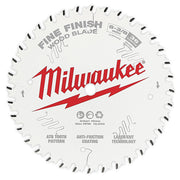 White circular saw blade with 36 black teeth, Milwaukee branding, and fine finish wood blade markings.