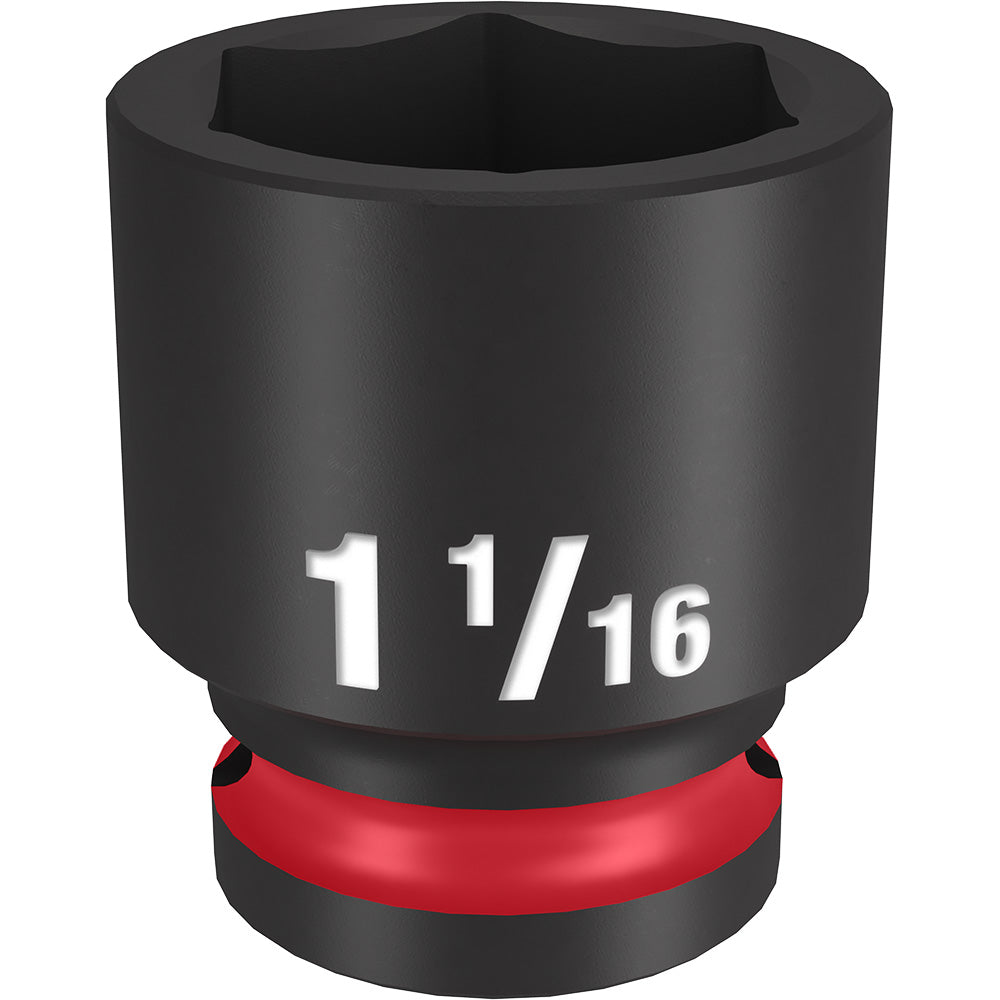 Black 1-1/16" socket with 6-point opening, 1/2" drive size, marked with white text and red grip band.