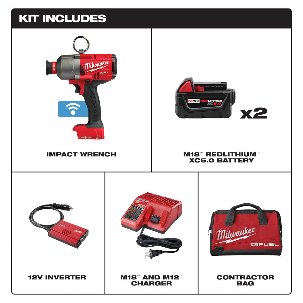 Milwaukee M18 FUEL impact wrench kit with two batteries, charger, inverter, and red contractor bag.