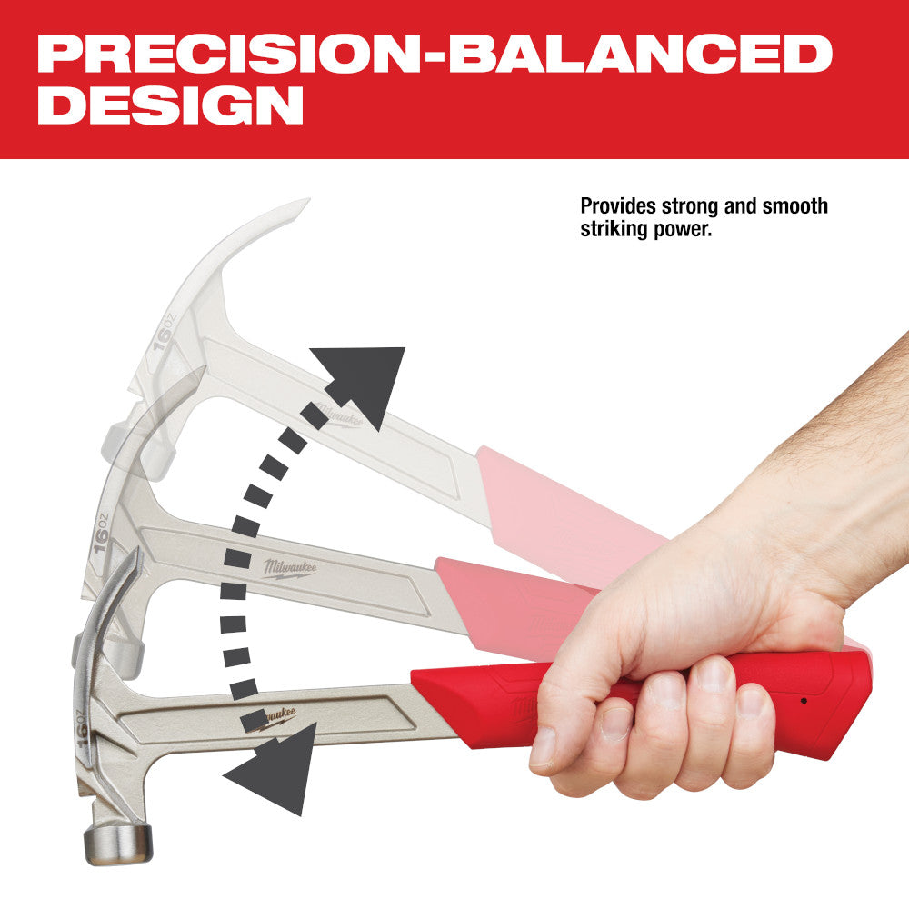 Red-handled 16oz claw hammer with smooth face head, shown held in hand next to technical diagram.