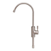 Brushed nickel long-reach faucet with curved spout and single lever handle for reverse osmosis water systems.