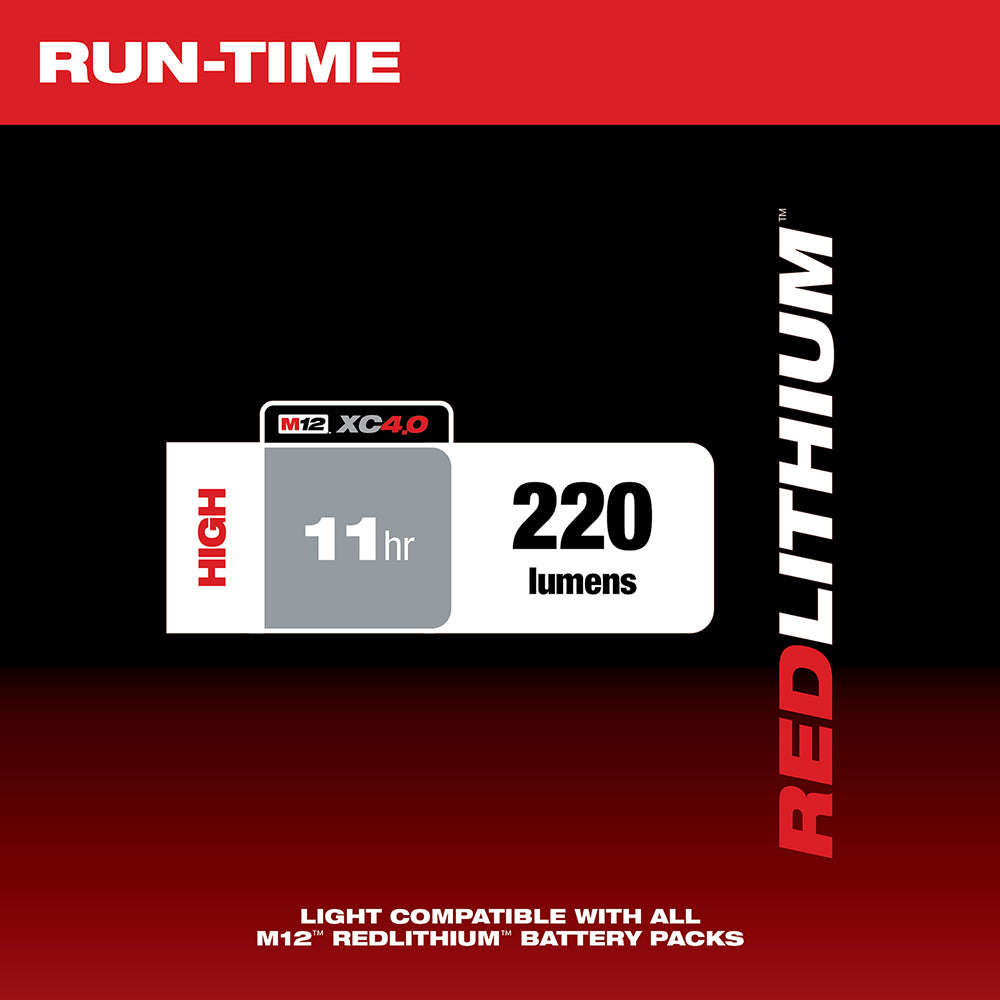 M12 LED stick light specifications showing 11-hour runtime, 220 lumens output, and M12 XC4.0 battery compatibility on red and