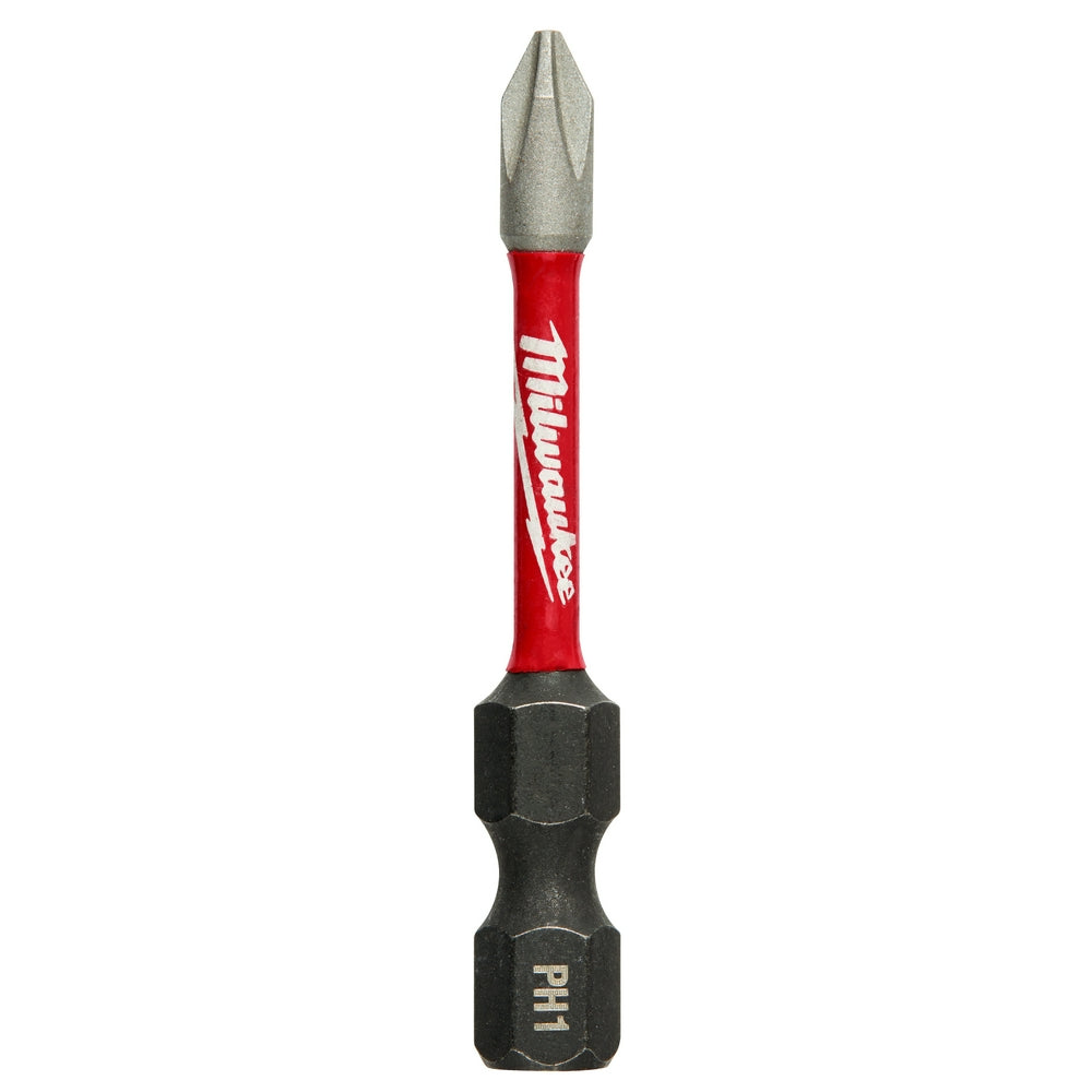 Milwaukee Shockwave PH1 impact driver bit with red sleeve, gray tip, and black hex shank.