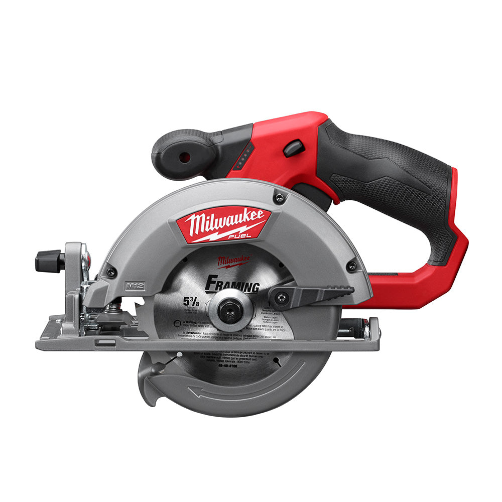 Red and black Milwaukee M12 FUEL circular saw with 5-3/8 inch blade and textured grip handle.