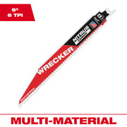 9" reciprocating saw blade with red and black body, labeled "WRECKER" and "NITRUS CARBIDE," featuring serrated cutting edge.