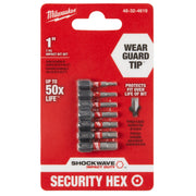 Milwaukee Shockwave 7-piece security hex impact bits on red hanging packaging card.