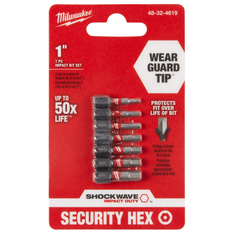 Milwaukee Shockwave 7-piece security hex impact bits on red hanging packaging card.