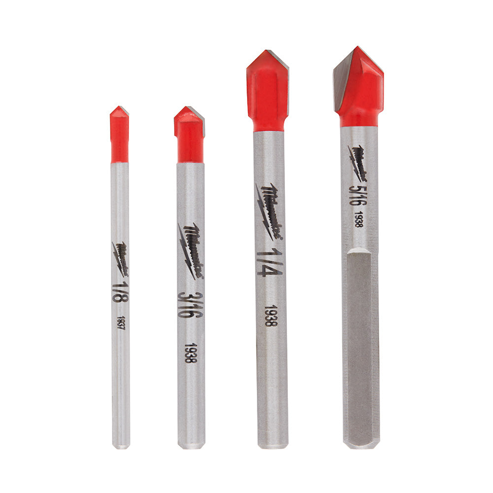 Four Milwaukee glass and tile drill bits in increasing sizes with red carbide tips and gray metal shanks.