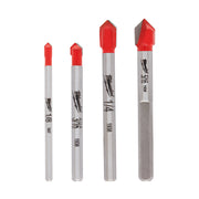 Four Milwaukee glass and tile drill bits in increasing sizes with red carbide tips and gray metal shanks.