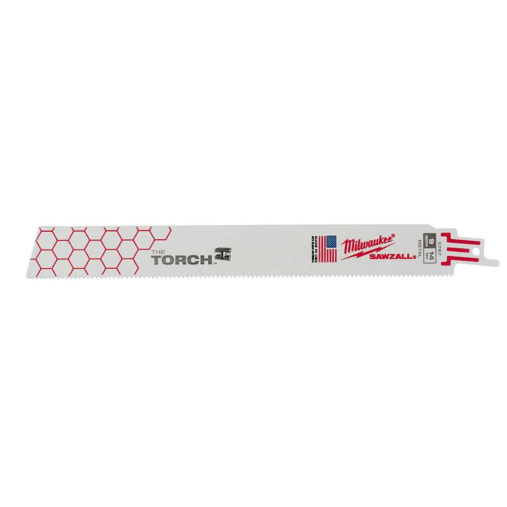 Milwaukee SAWZALL 9-inch reciprocating saw blade with "The Torch" pattern and red/white packaging label.
