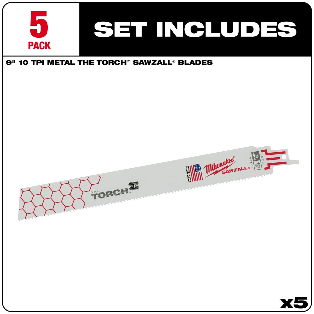 Five Milwaukee 9-inch THE TORCH SAWZALL blades with 10 TPI teeth for metal cutting.