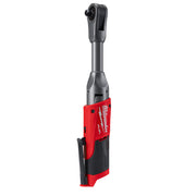 Milwaukee M12 FUEL cordless ratchet with red and black housing and extended reach gray shaft.