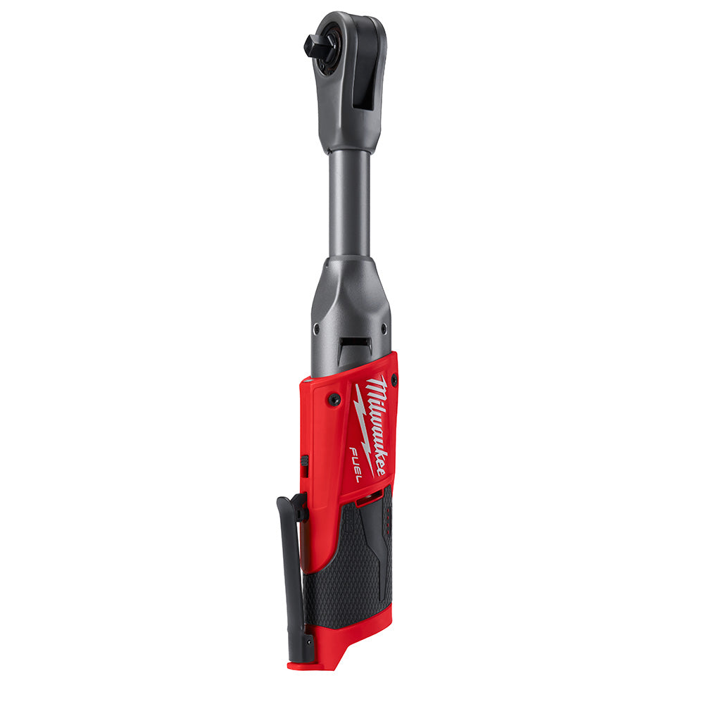 Milwaukee M12 FUEL cordless ratchet with red and black housing and extended reach gray shaft.