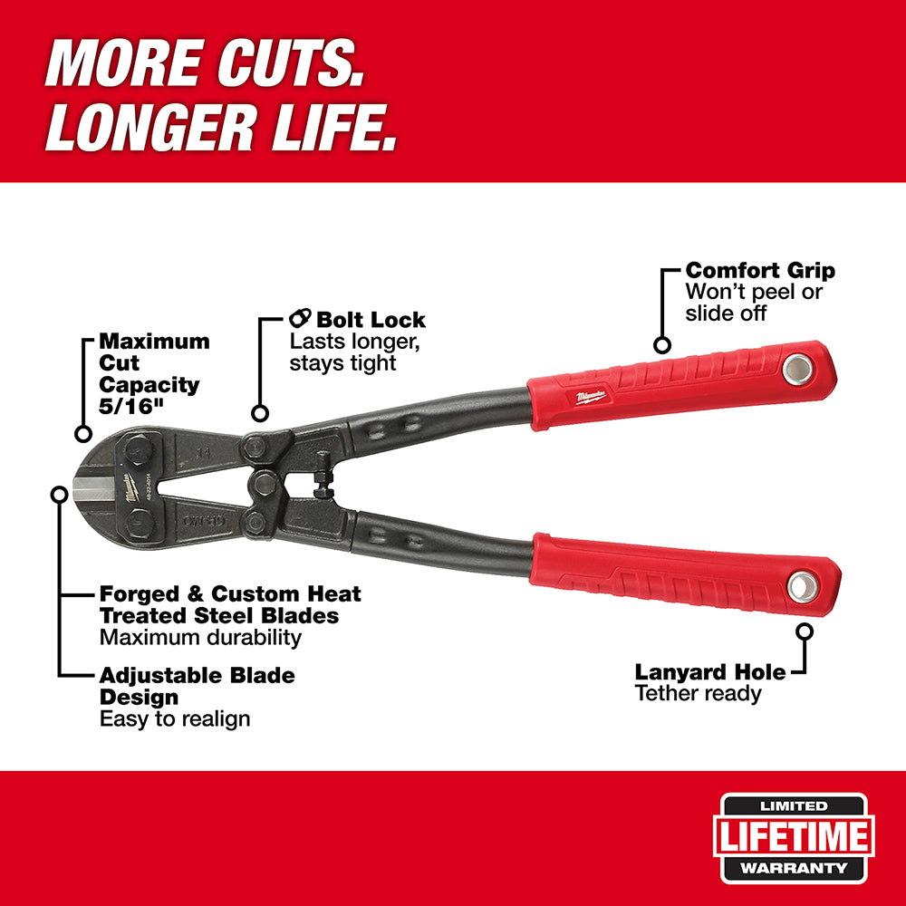 Red and black bolt cutter with labeled features including cutting capacity, comfort grip handles, steel blades, and lanyard h