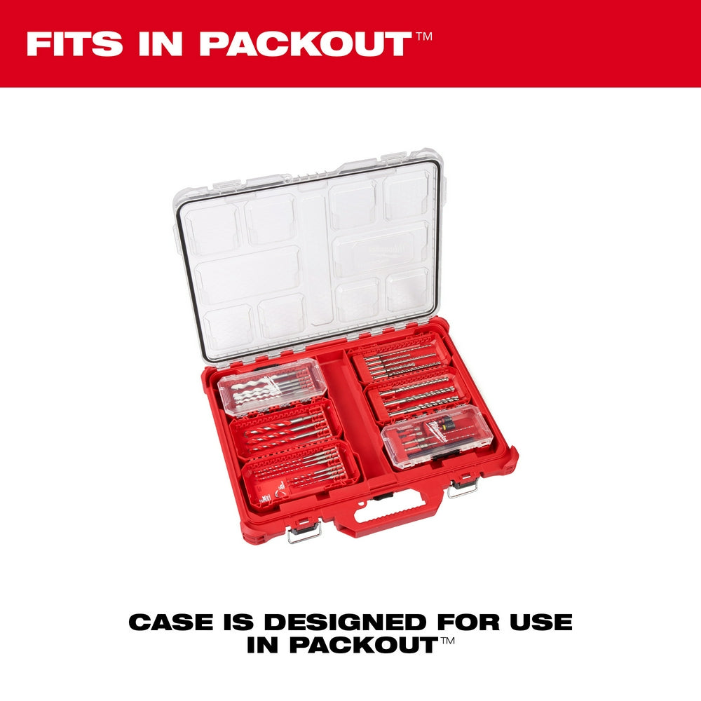 Red Milwaukee plastic case with clear lid open, containing organized rows of SDS Plus drill bits in compartments.