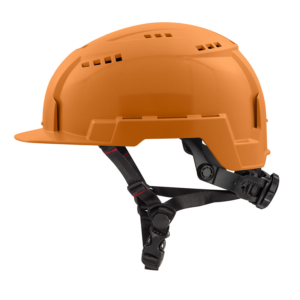 Orange safety helmet with front brim, vented crown, and black chin strap with buckle closure.