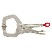 Milwaukee 6-inch locking C-clamp with metal body, swivel jaws, and red trigger handle.