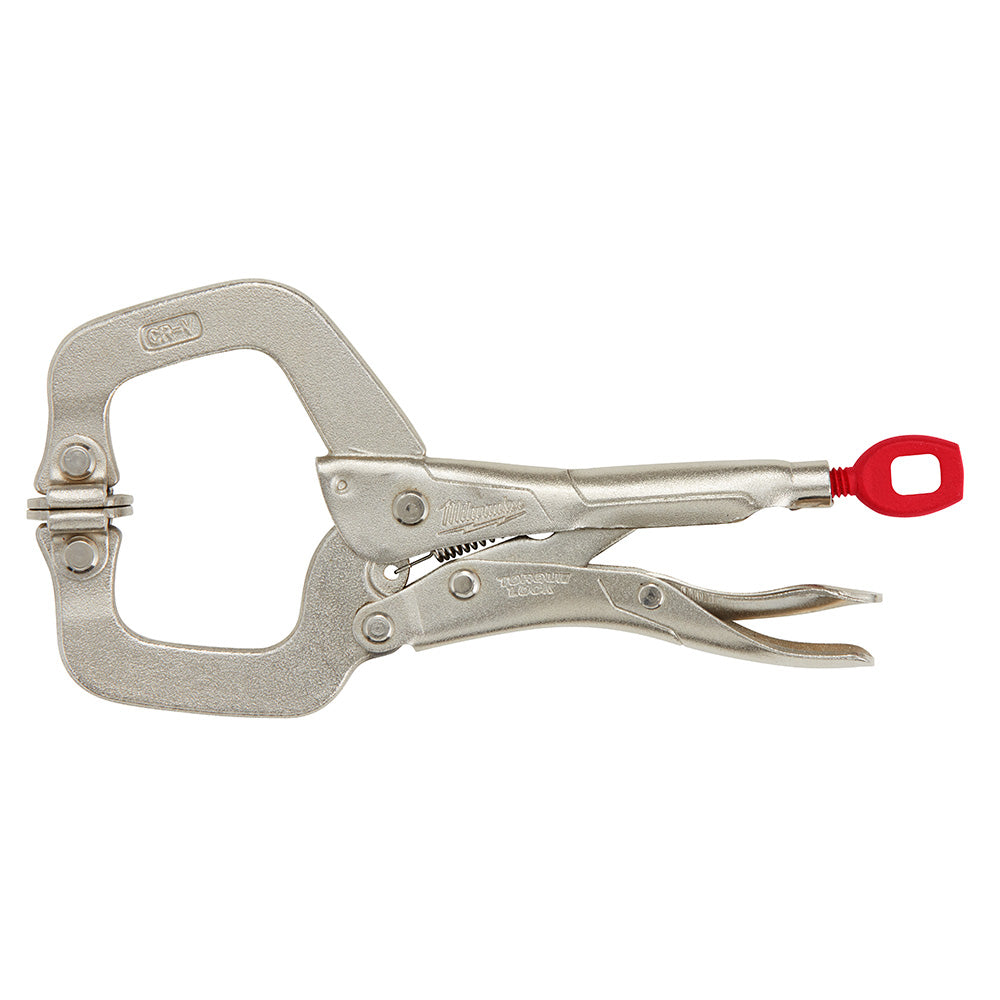Milwaukee 6-inch locking C-clamp with metal body, swivel jaws, and red trigger handle.