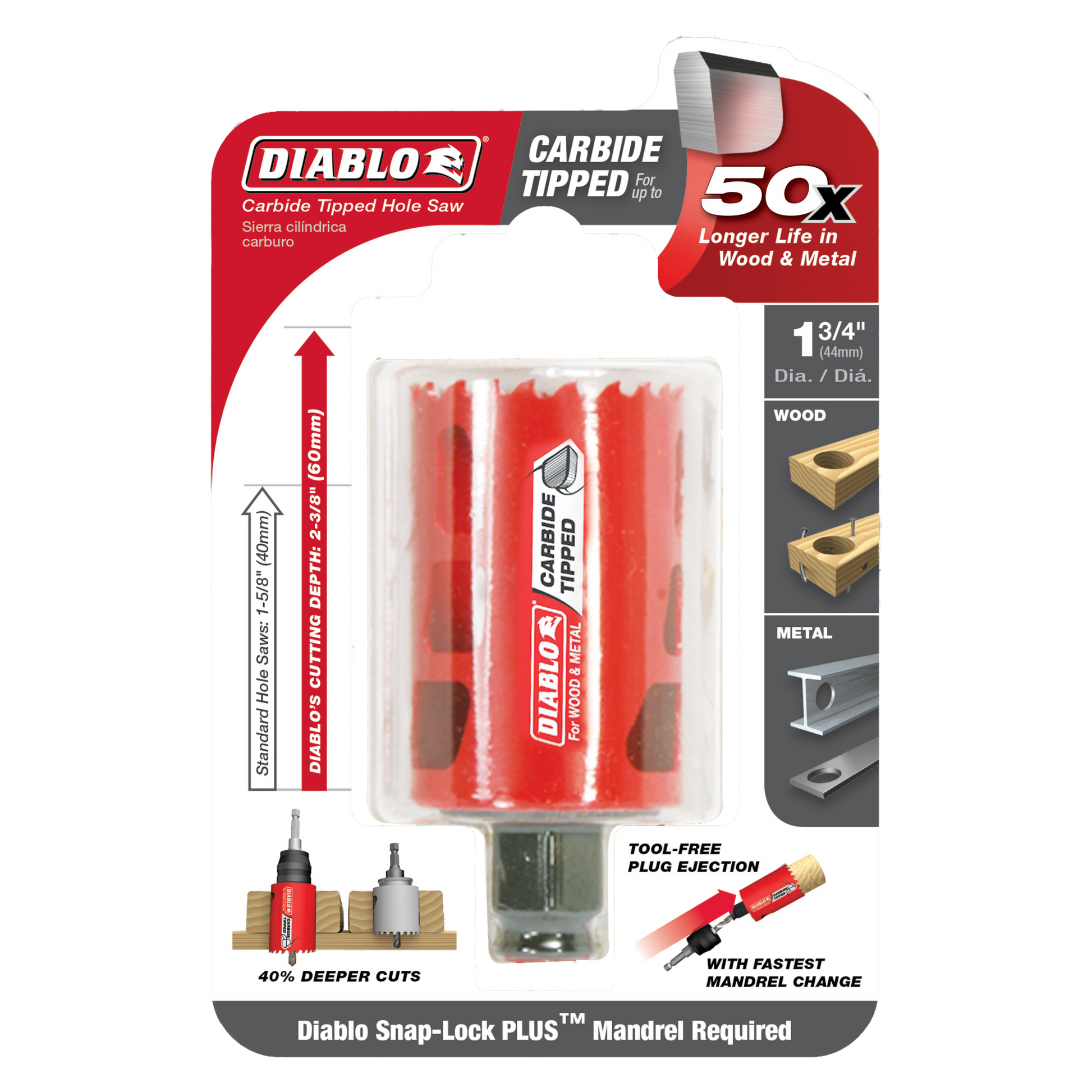 Diablo 1-3/4 inch carbide-tipped holesaw with red body, metal arbor, and clear plastic packaging showing product specificatio