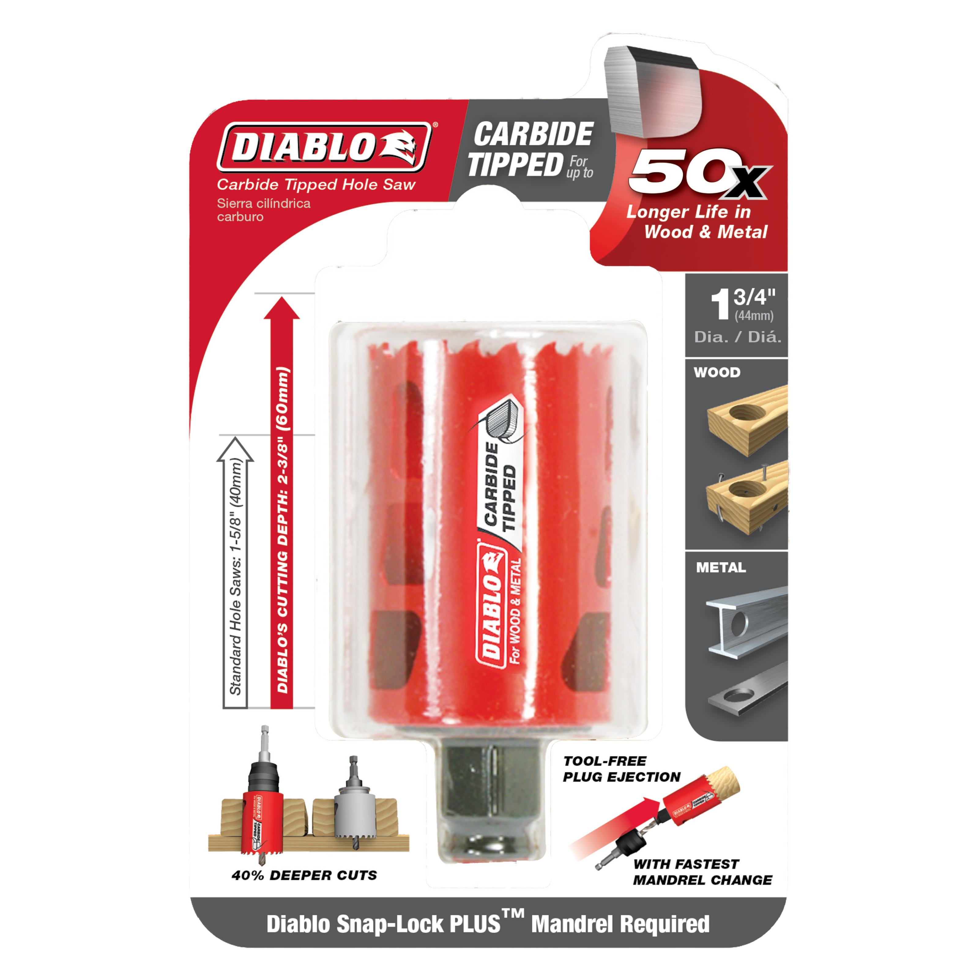 Diablo 1-3/4 inch carbide-tipped holesaw with red body, metal arbor, and clear plastic packaging showing product specificatio