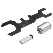 Milwaukee 25mm camera head replacement kit including wrench tool, cylindrical camera head, and USB connector.