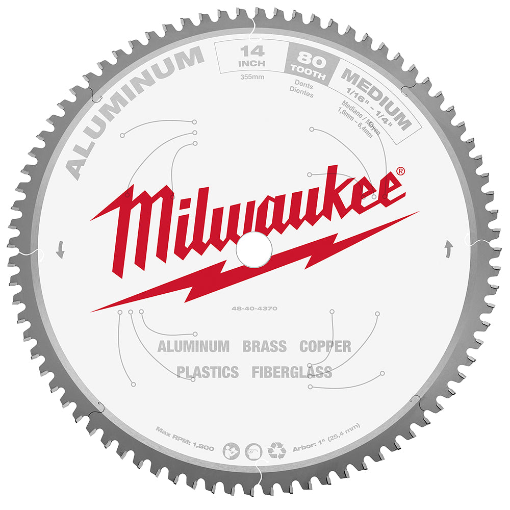 Milwaukee 14 inch aluminum cutting circular saw blade with 80 teeth and 1 inch arbor.