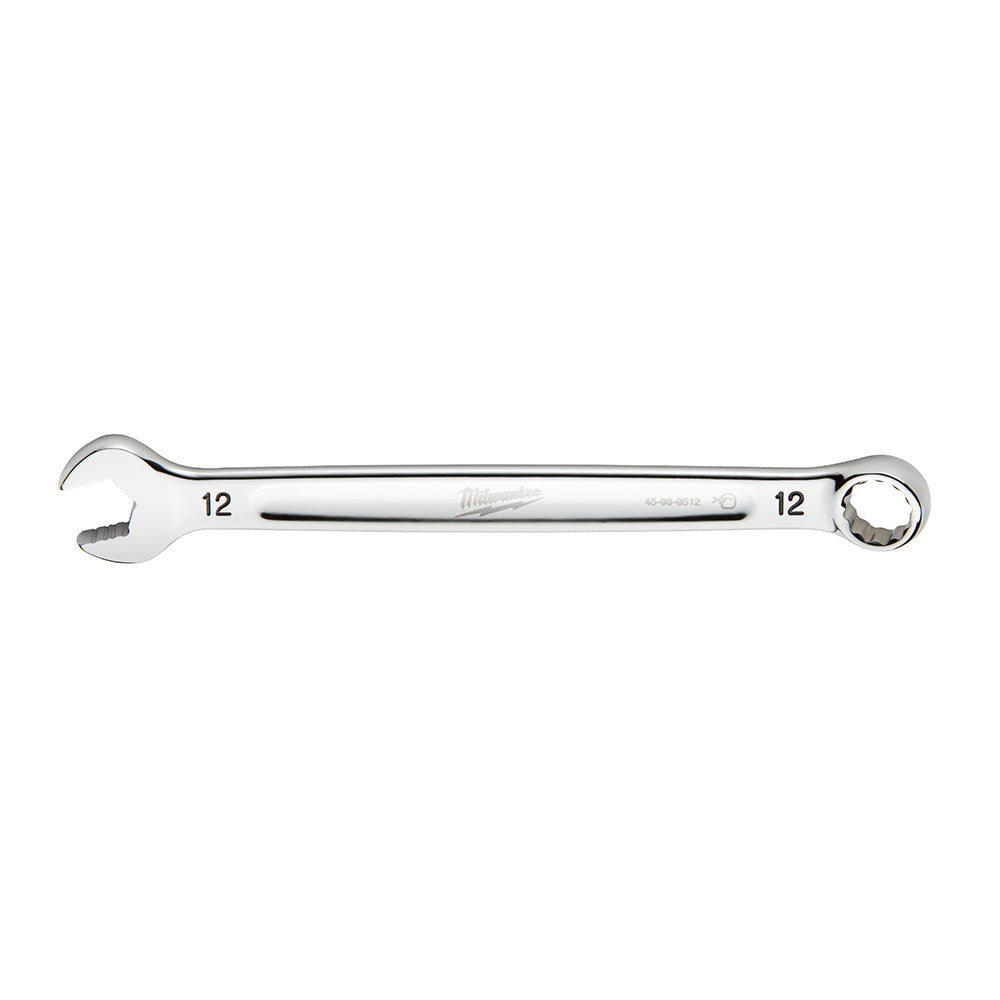 Silver 12mm combination wrench with open end on left and closed ring end on right, marked with size and Milwaukee branding.