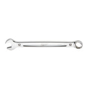 Silver 12mm combination wrench with open end on left and closed ring end on right, marked with size and Milwaukee branding.