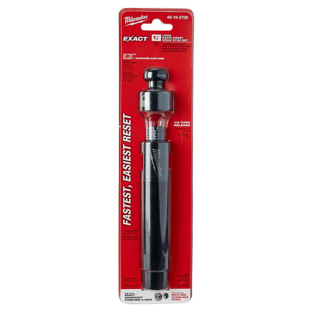 Milwaukee EXACT 1-1/8 in. rapid reset draw stud with knurled grip handle on red packaging card.