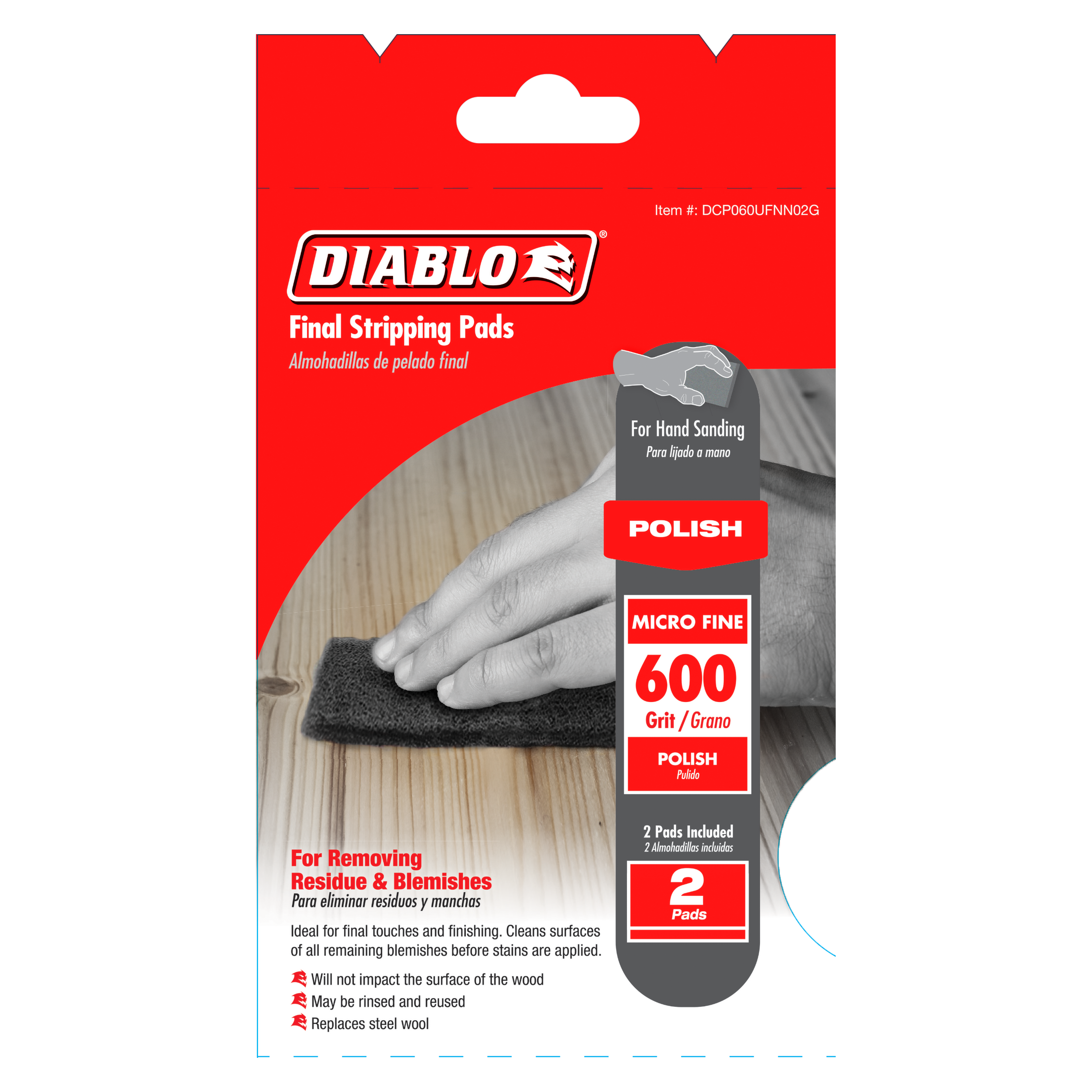 Two black 600-grit micro fine stripping pads shown being used by hand on wood surface.