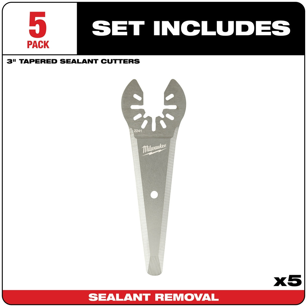 Three-inch tapered sealant cutting blade with serrated edge and mounting hole, shown as part of five-pack set.