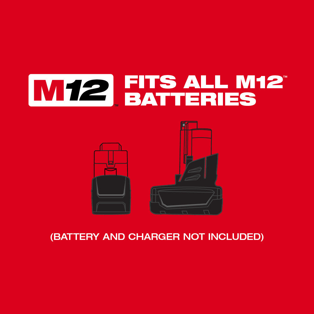 M12 logo and battery compatibility graphic on red background with text noting battery and charger not included.
