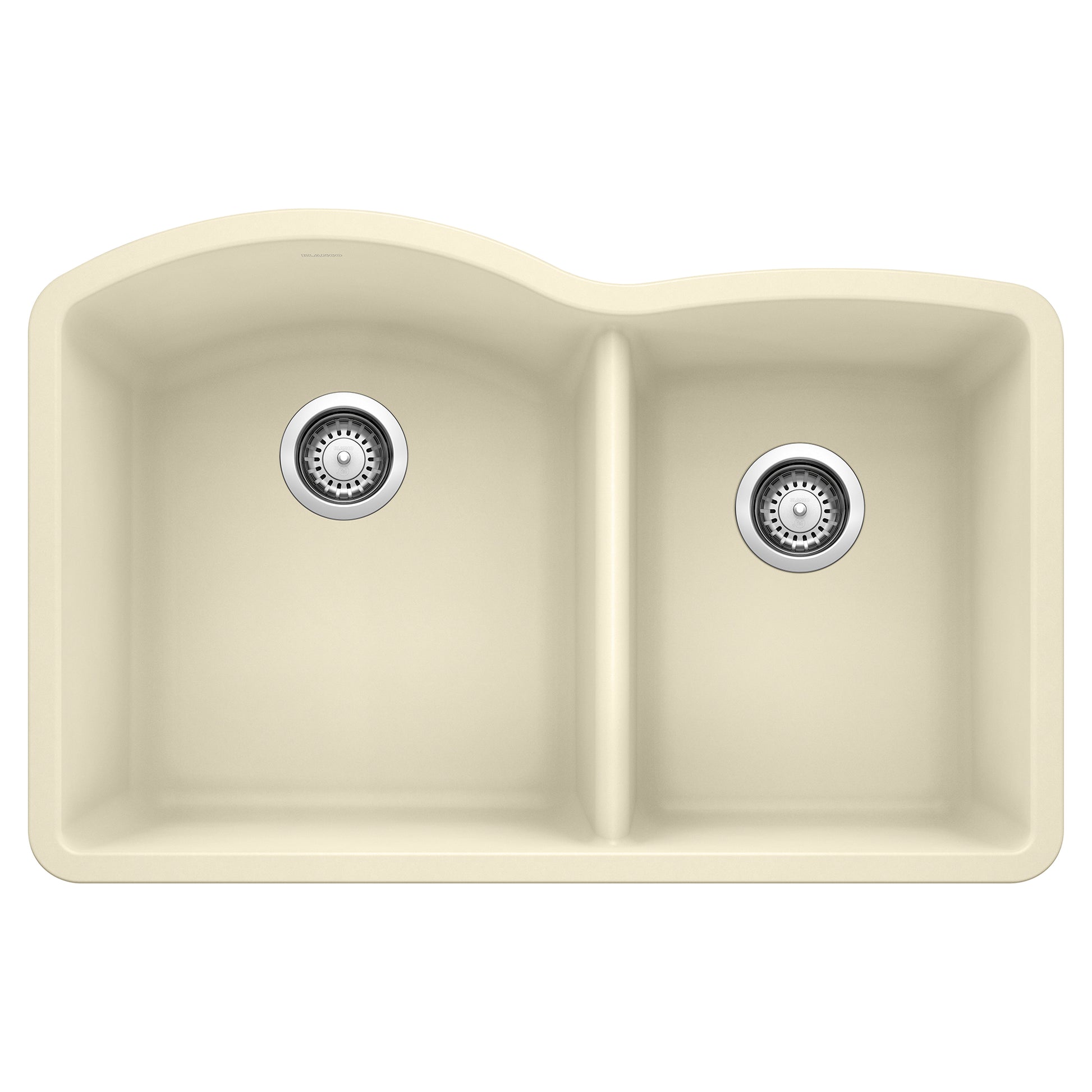 Biscuit-colored undermount kitchen sink with two unequal bowls and chrome drain strainers.