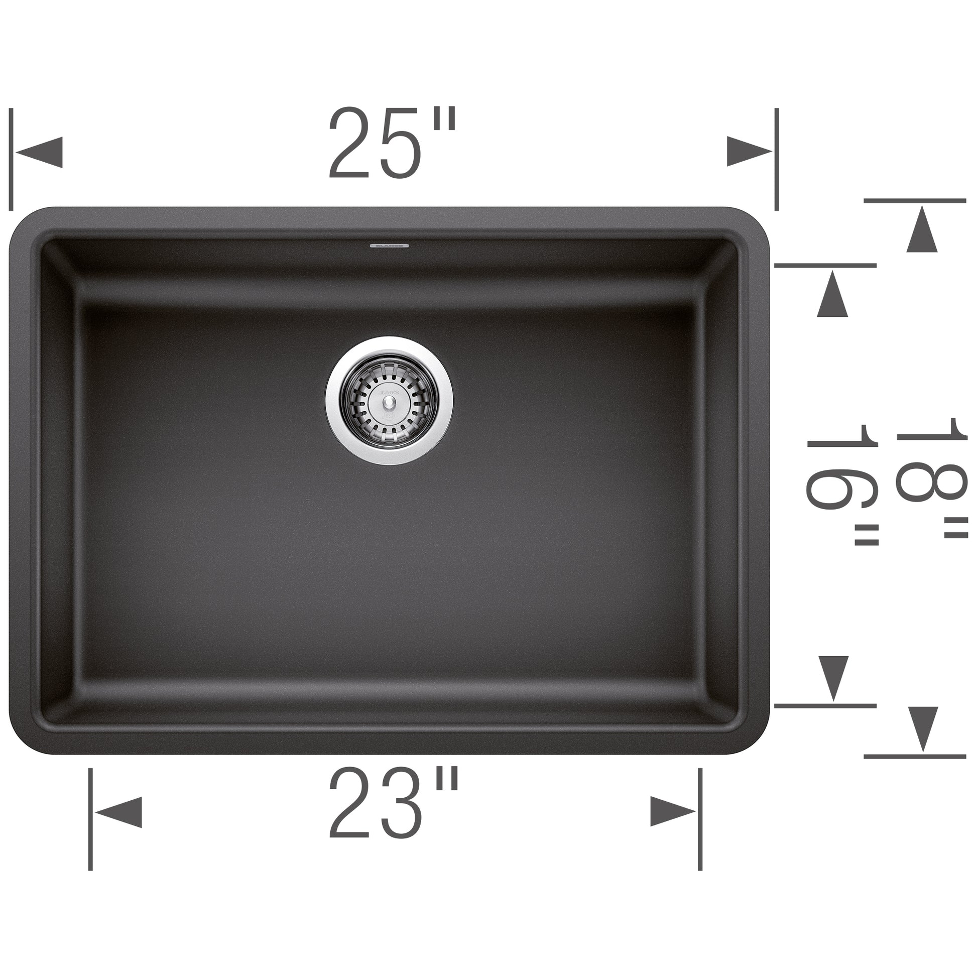 Anthracite single undermount kitchen sink with rounded edges, chrome drain, and dimension measurements showing 25" width and 