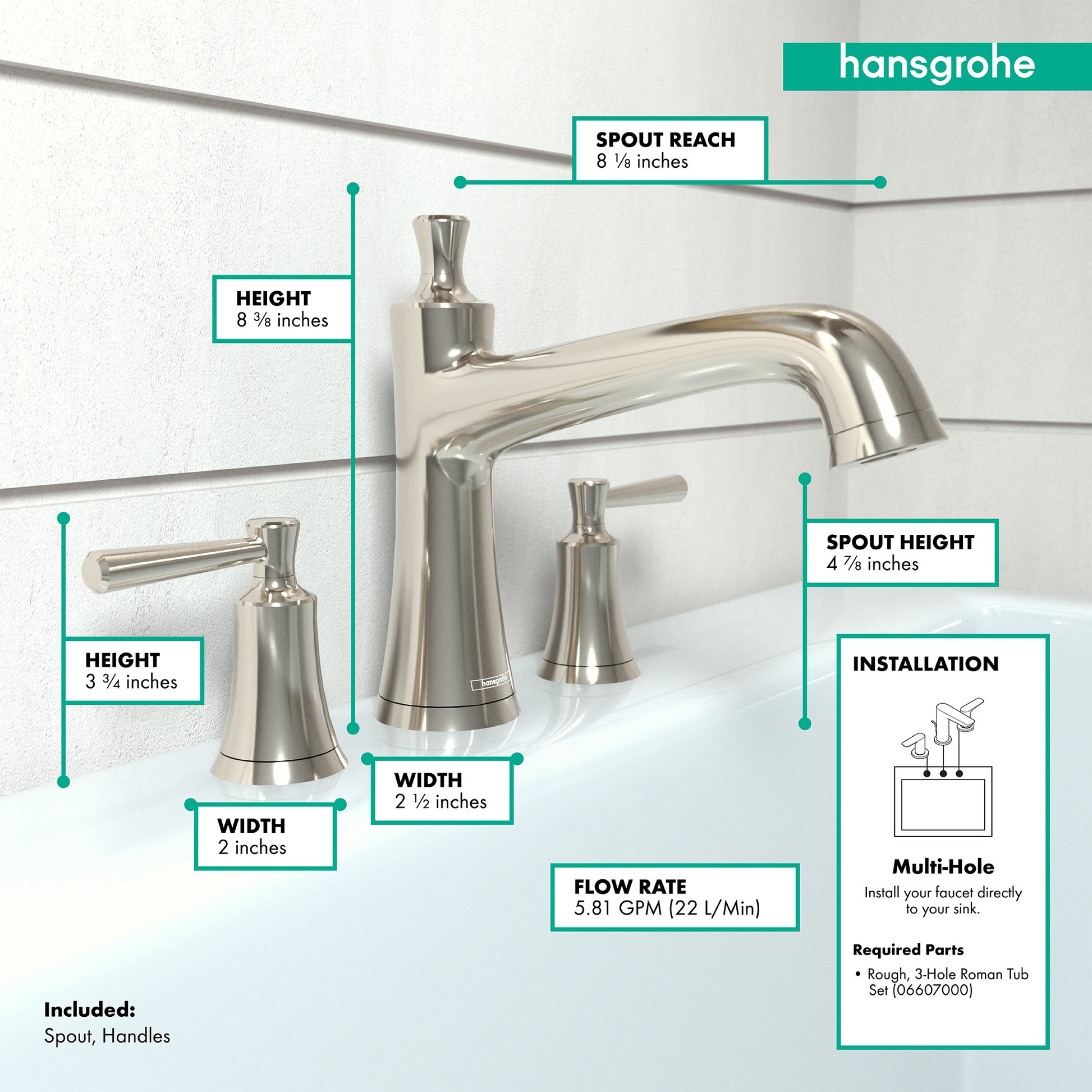 Polished nickel three-hole roman tub faucet set with curved spout and two lever handles, shown with dimension specifications.