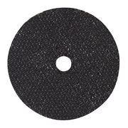 Black abrasive metal cut-off wheel with center arbor hole, 2 inch diameter.