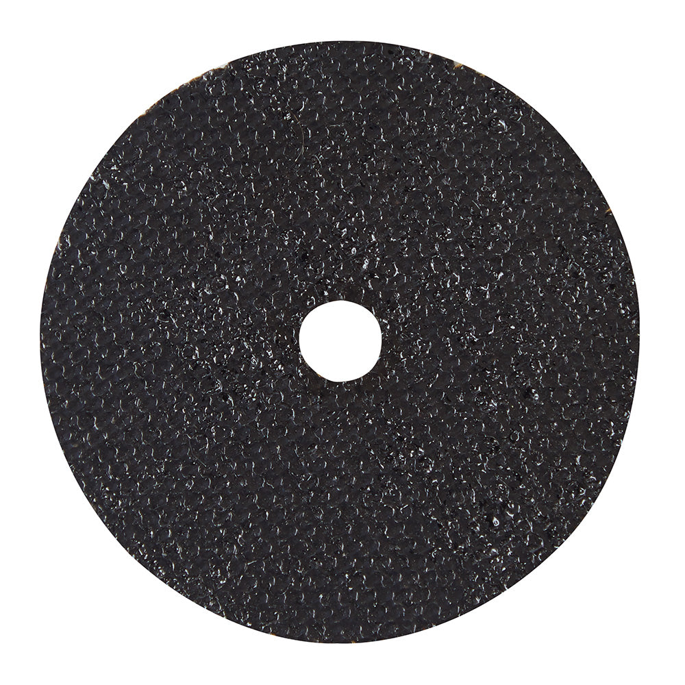 Black abrasive metal cut-off wheel with center arbor hole, 2 inch diameter.